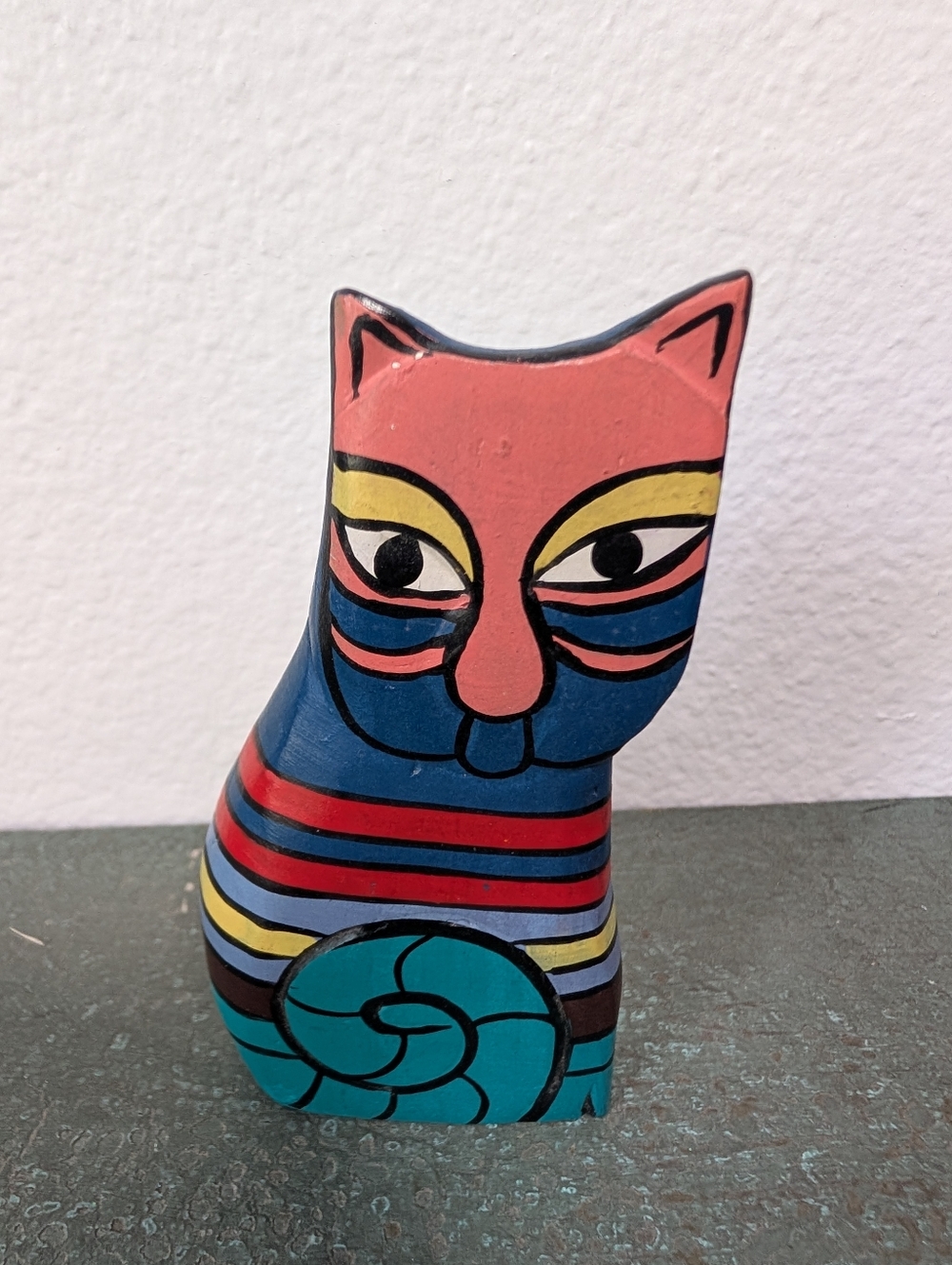Vintage Laurel Burch Style Hand Painted & Carved Wood Colorful Cat Sculpture - Picture 2 of 7